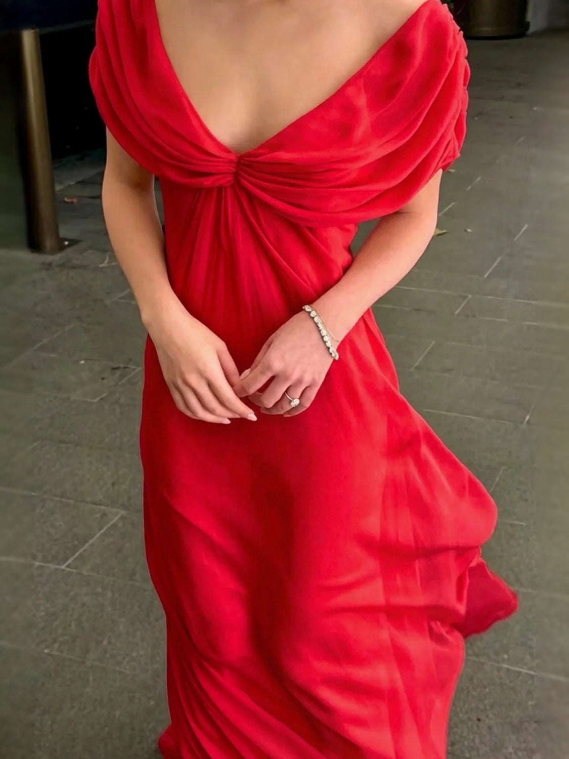 Red floor-length bridesmaid dress, alternate view showing the full-length profile