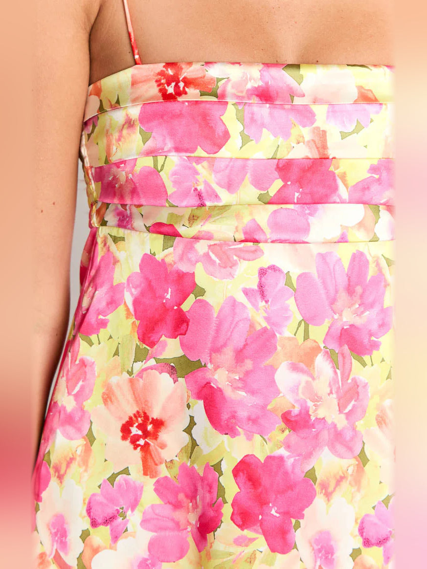 Yellow Floral mini homecoming dress, alternate view showing the full-length profile