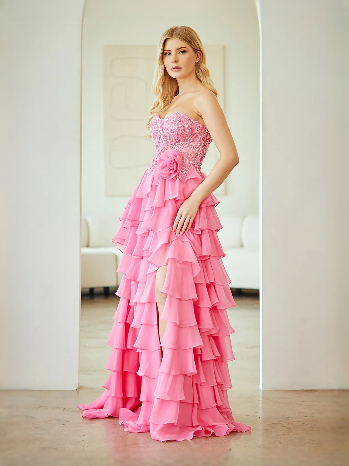 Yellow floor-length prom dress, alternate view showing the full-length profile