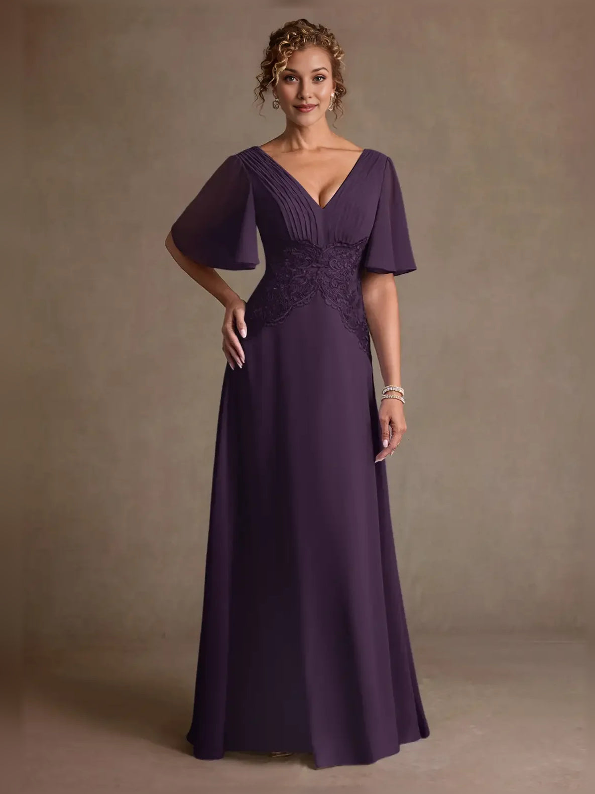 Grape floor-length mother of the bride dress, alternate view showing the full-length profile