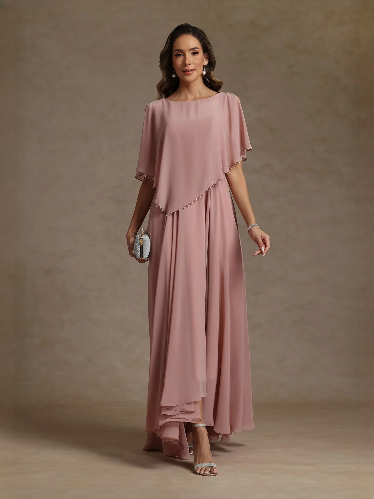 Dusty Rose floor-length mother of the bride dress, alternate view showing the full-length profile