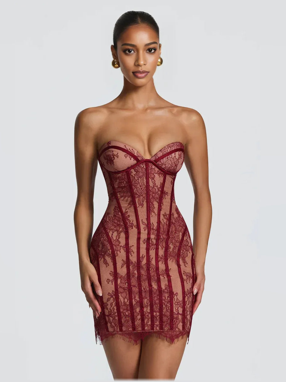Burgundy bodycon mini formal dress with corset-style bodice, alternate view