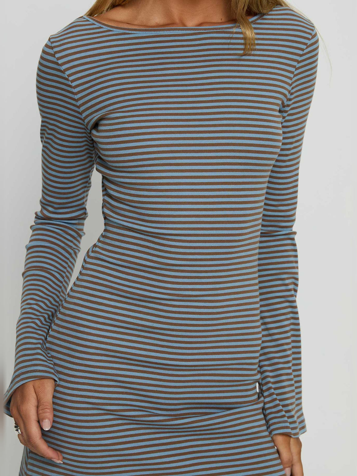 Brown mini homecoming dress, alternate view showing the full-length profile