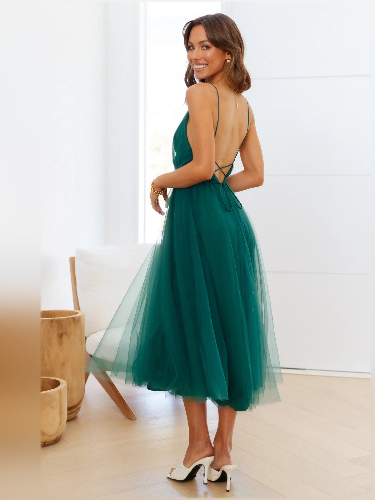 Forest Green midi formal dress, alternate view showing the hem