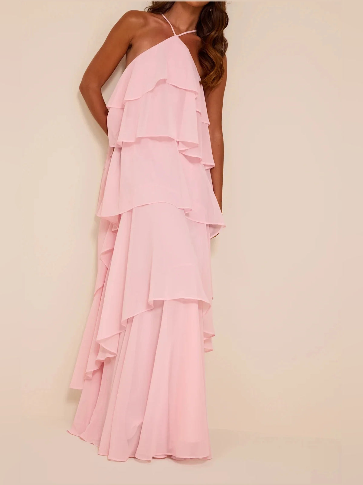 Hot Pink maxi bridesmaid dress, alternate view showing the full-length profile
