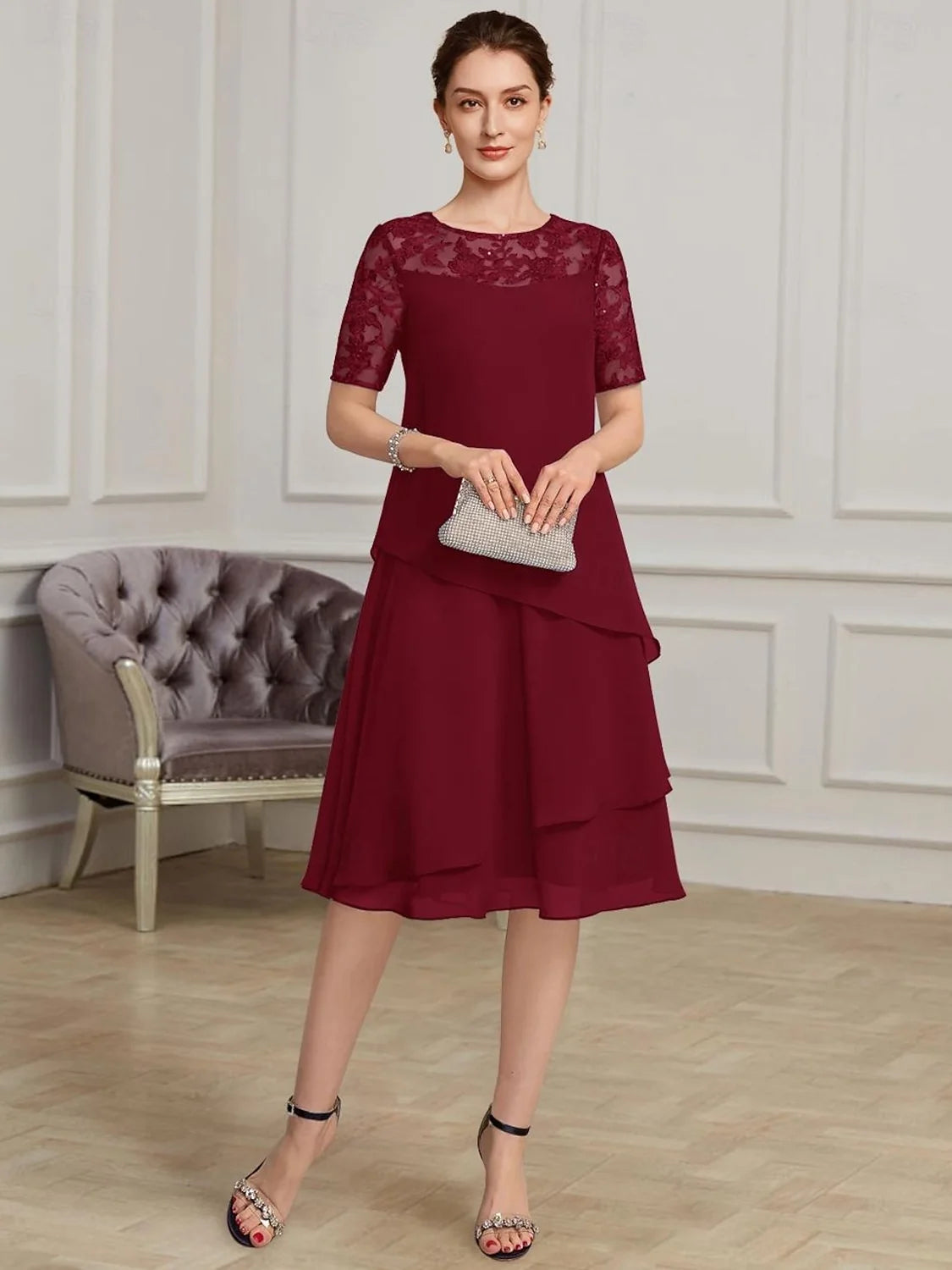Burgundy short mother of the bride dress, alternate view showing the full-length profile