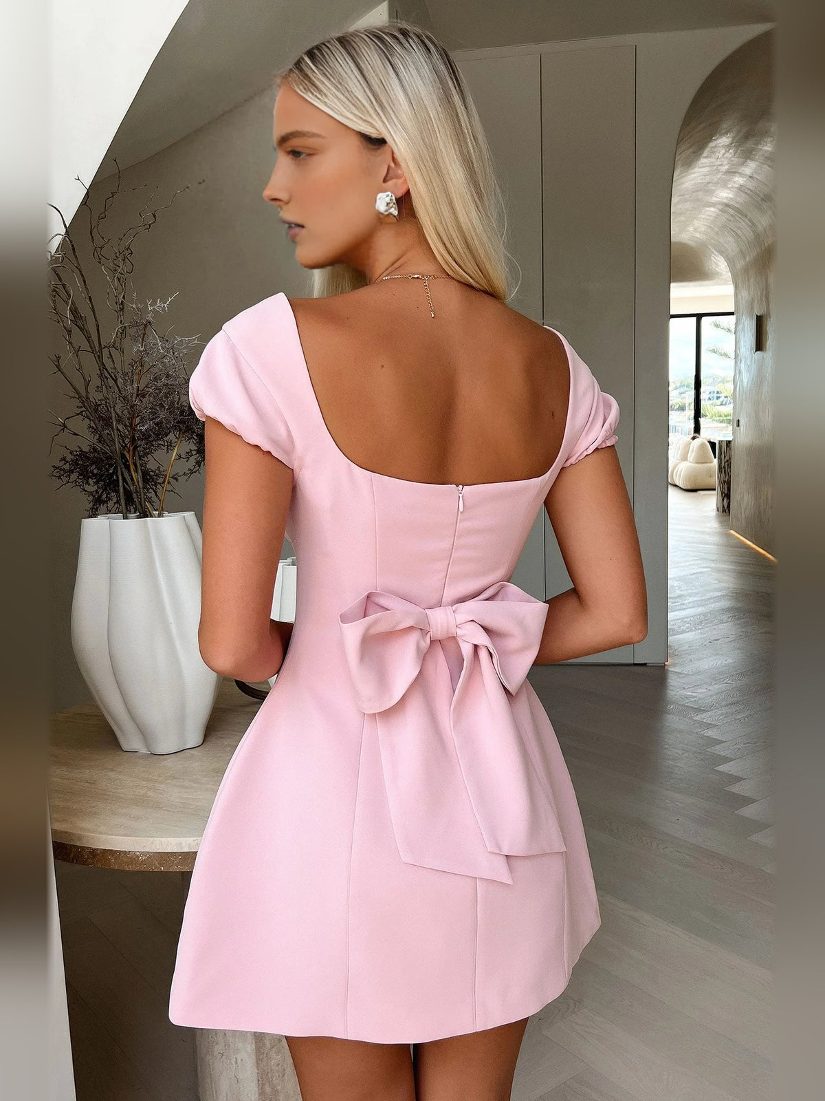Ivory white mini homecoming dress, alternate view showing the full-length profile