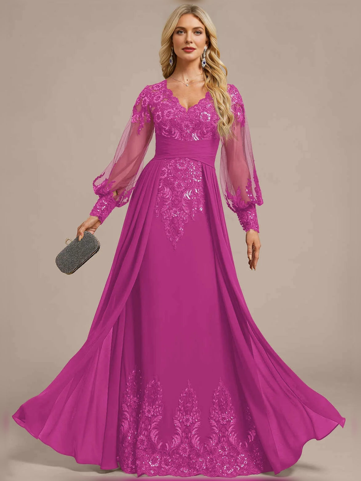 Hot Pink floor-length mother of the bride dress, alternate view showing the full-length profile