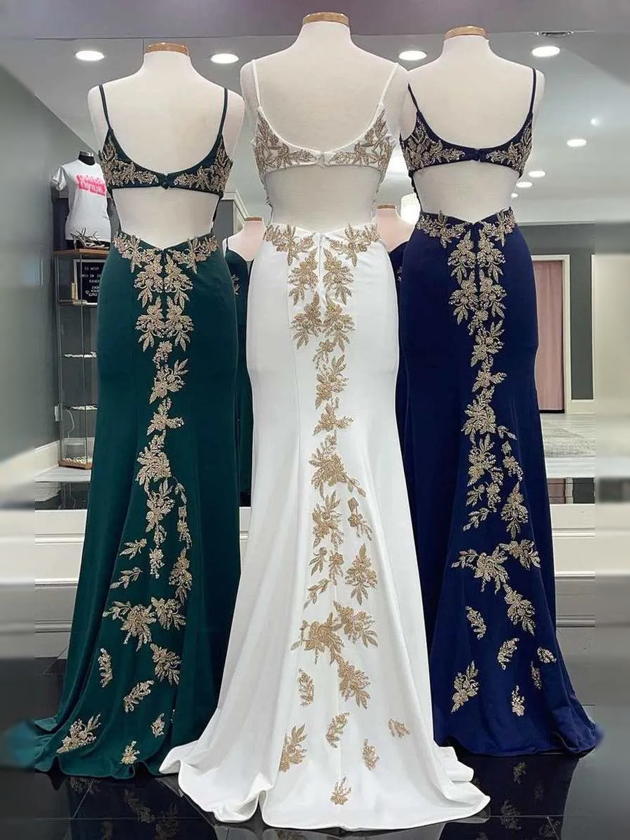White maxi prom dress, back view showing the rear of the dress with the dress shown closer