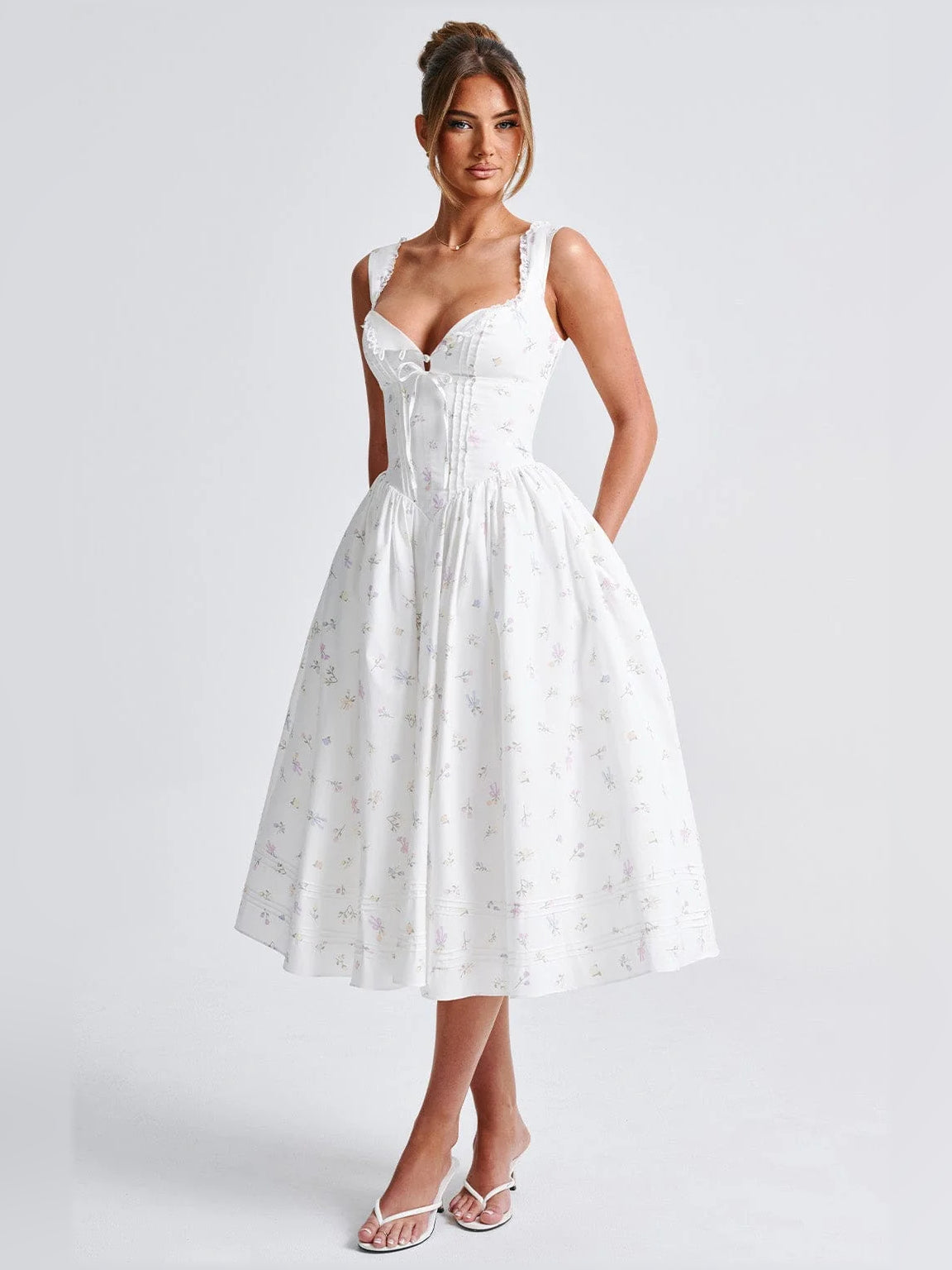 Floral midi formal dress with floral print, alternate view showing the hem