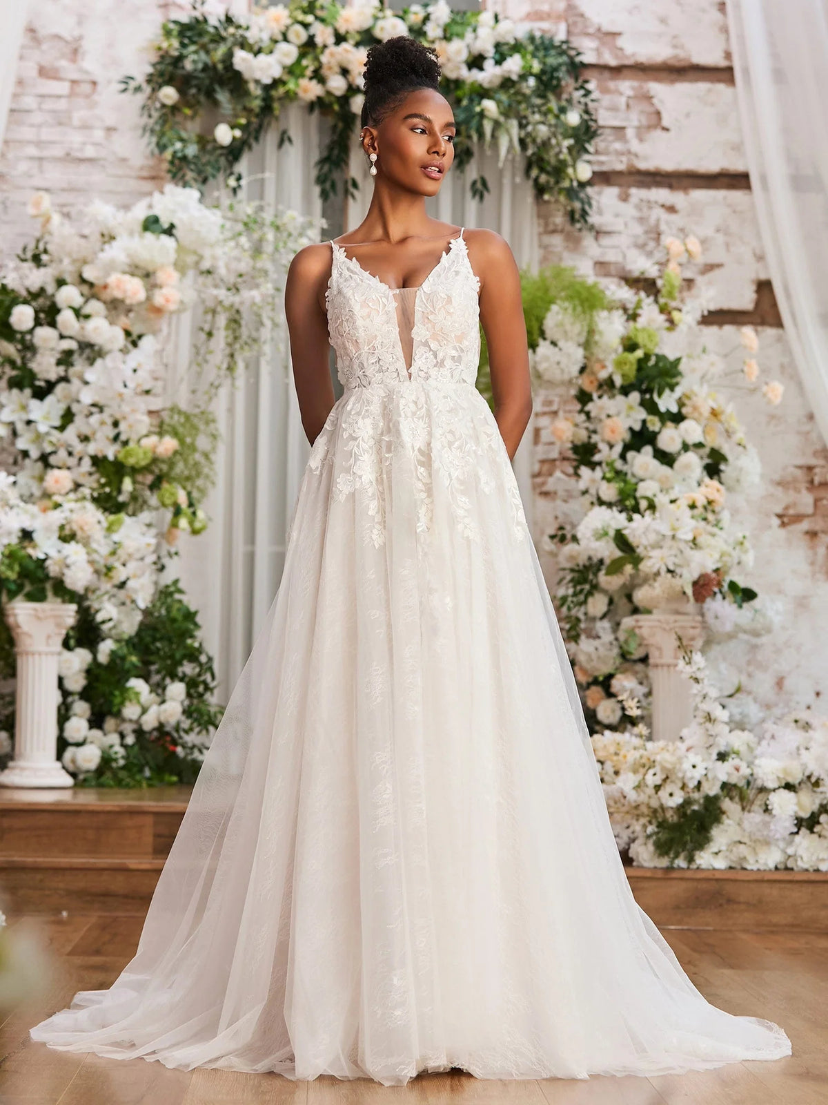 Ivory floor-length wedding dress, alternate view showing the full-length profile