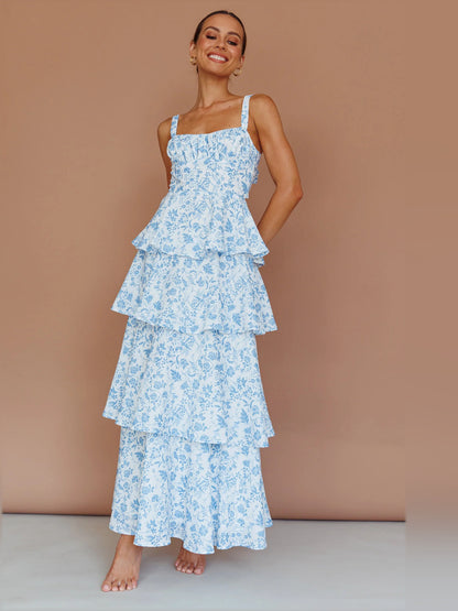 Blue midi formal dress with tiered skirt, alternate view showing the hem