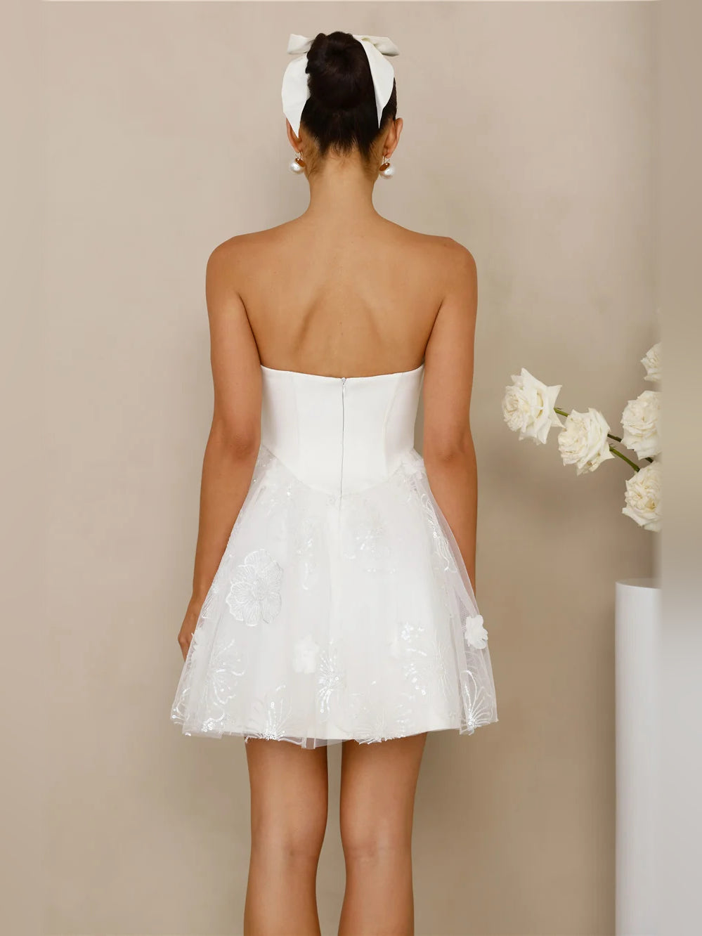 White mini homecoming dress, alternate view showing the full-length profile