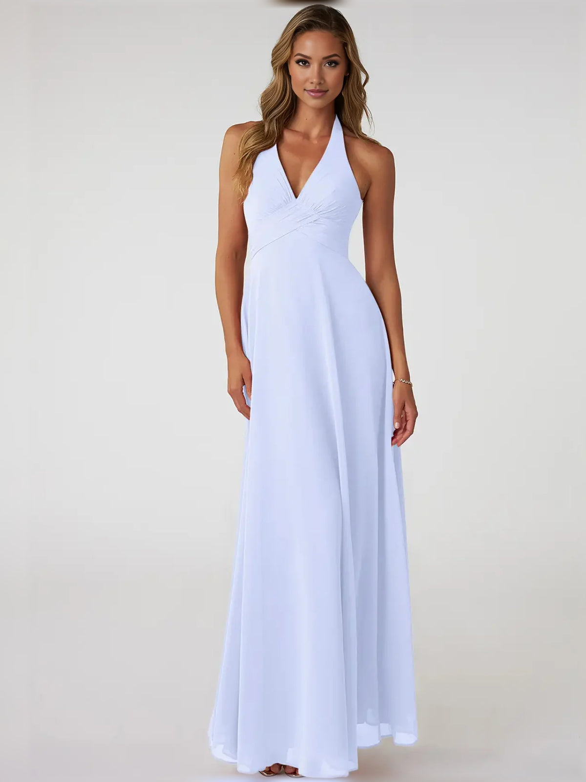 Lavender maxi bridesmaid dress, alternate view showing the full-length profile