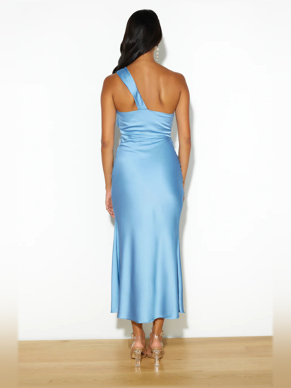 Blue midi formal dress, alternate view showing the hem