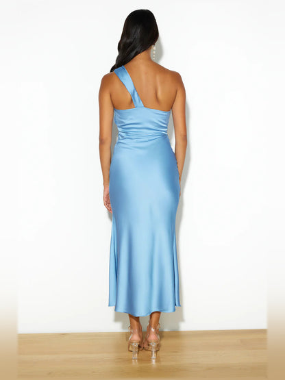Blue midi formal dress, alternate view showing the hem