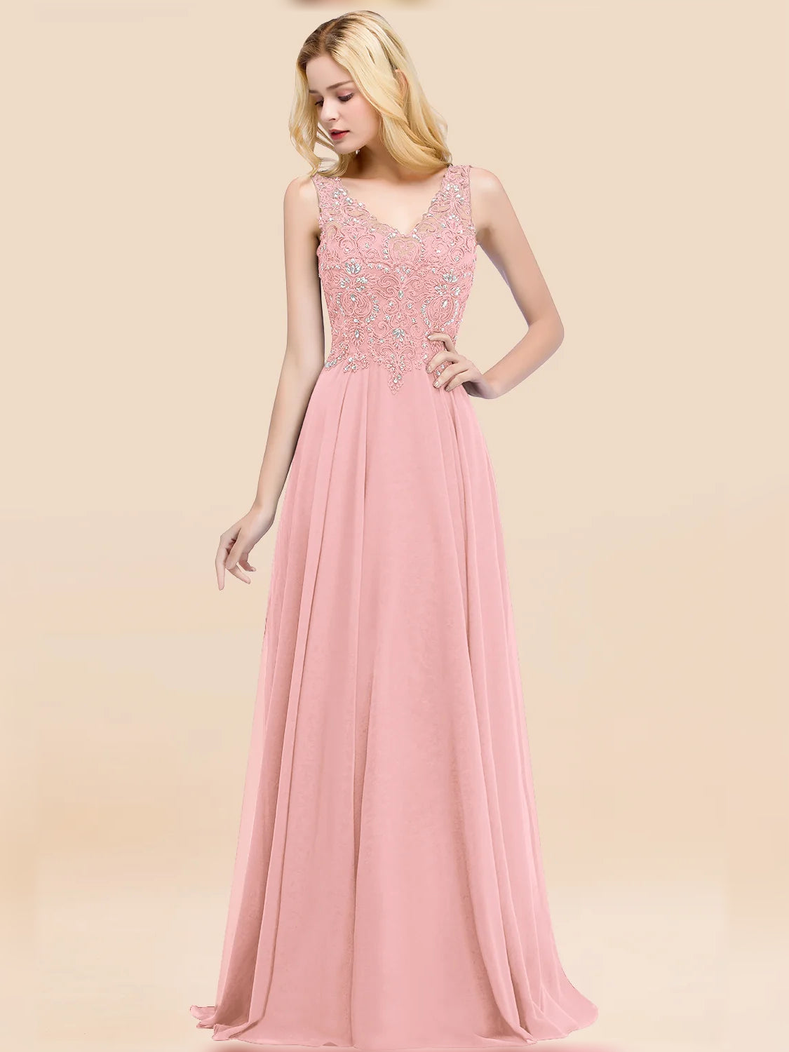 Blush Pink floor-length bridesmaid dress, alternate view showing the full-length profile