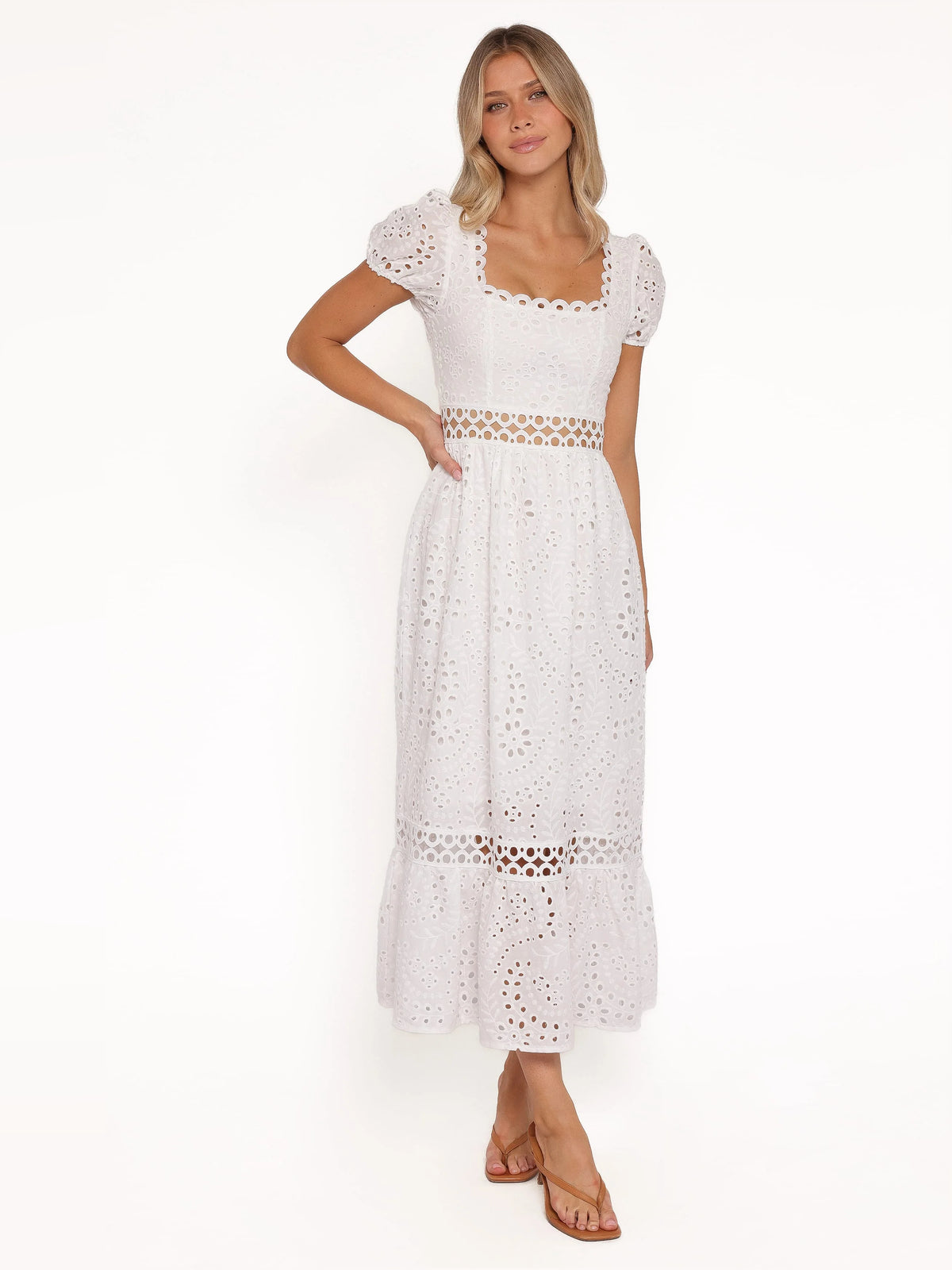 White midi formal dress, alternate view showing the hem