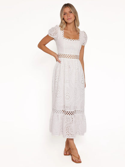 White midi formal dress, alternate view showing the hem