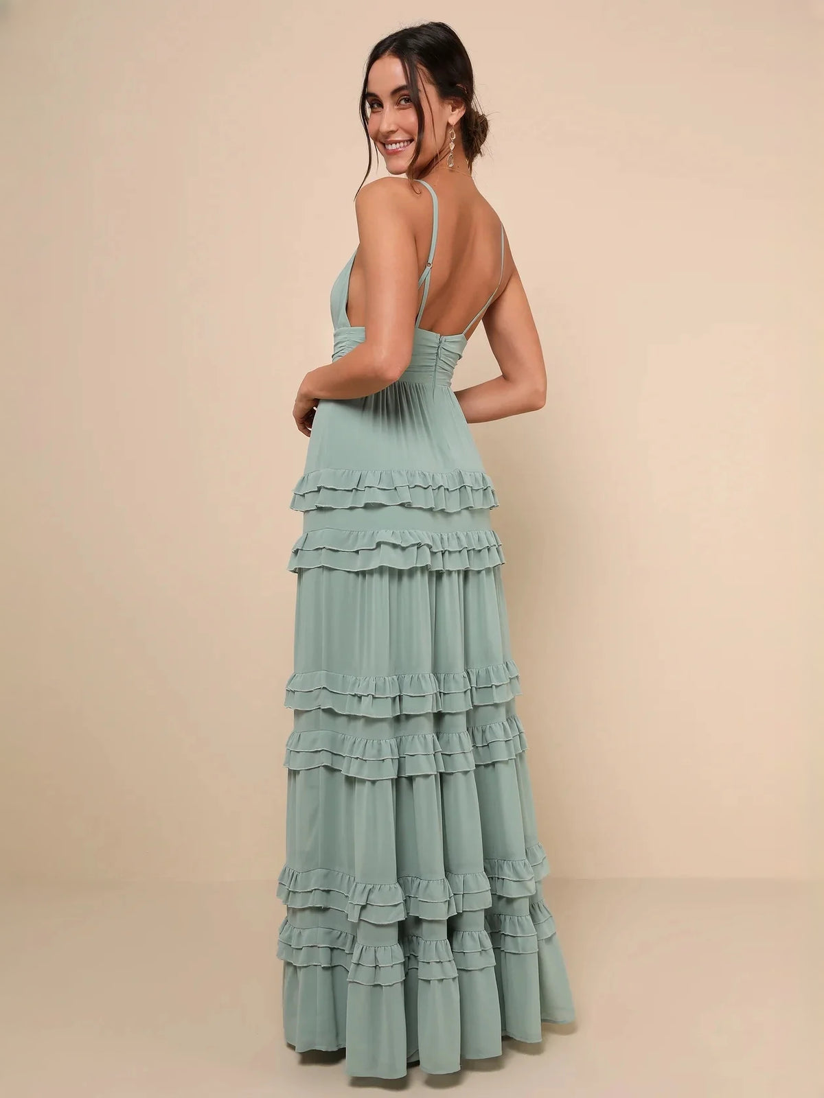 Dusty Sage maxi bridesmaid dress, alternate view showing the full-length profile