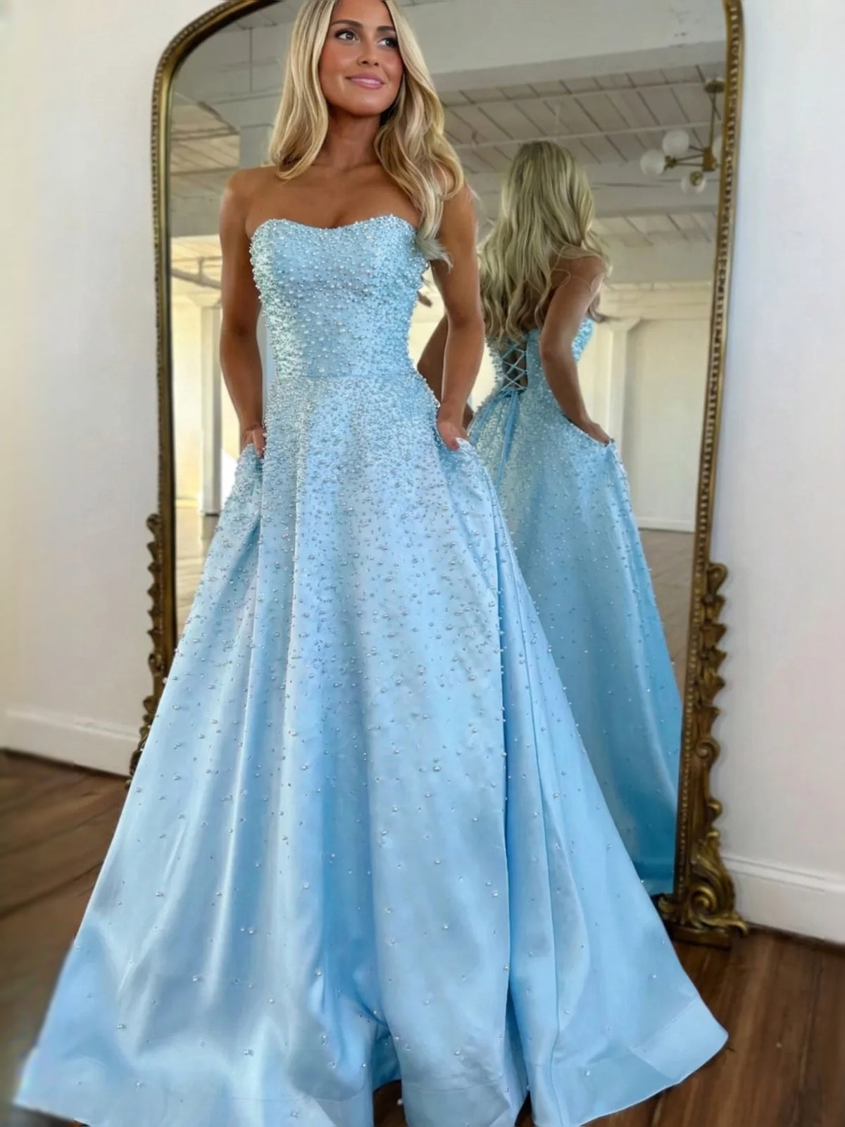 Light Blue maxi prom dress, alternate view showing the full-length profile