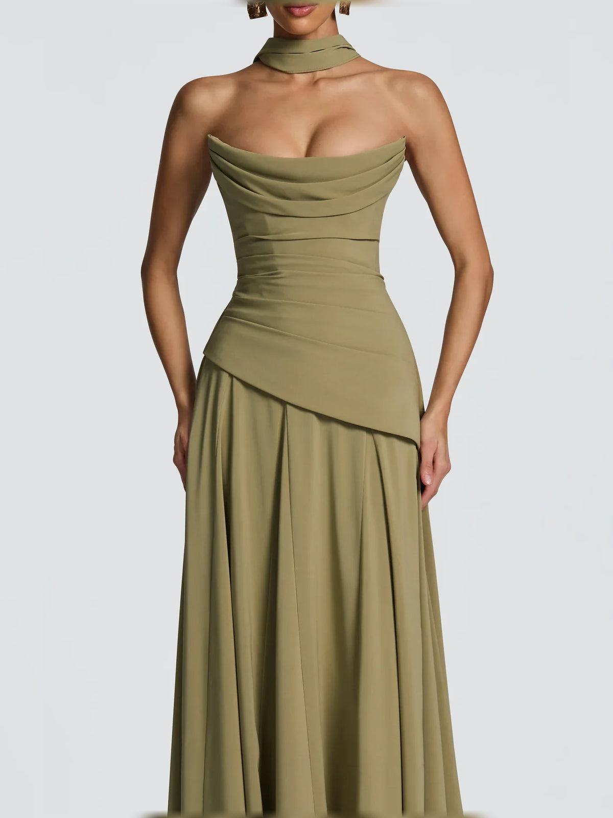 Dusty Sage a-line floor-length formal dress with corset-style bodice, alternate view showing the hem