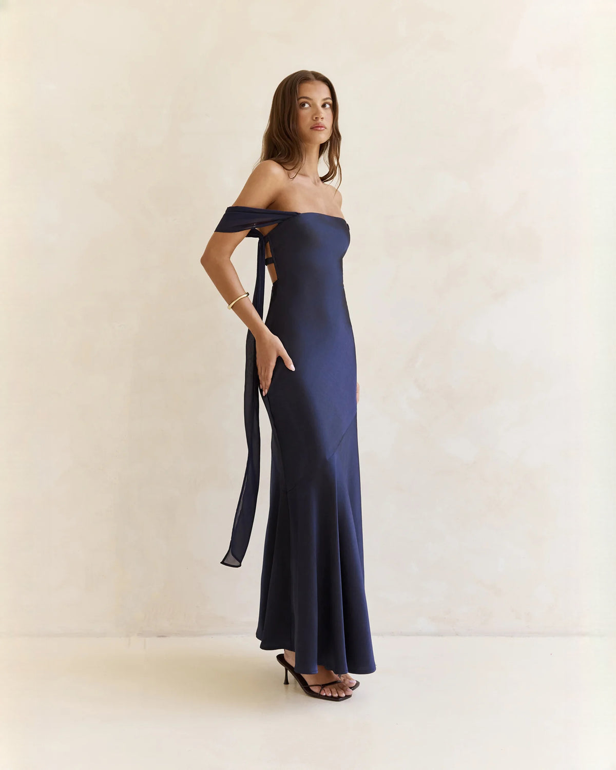 off-shoulder satin a-line maxi bridesmaid dress - image 6