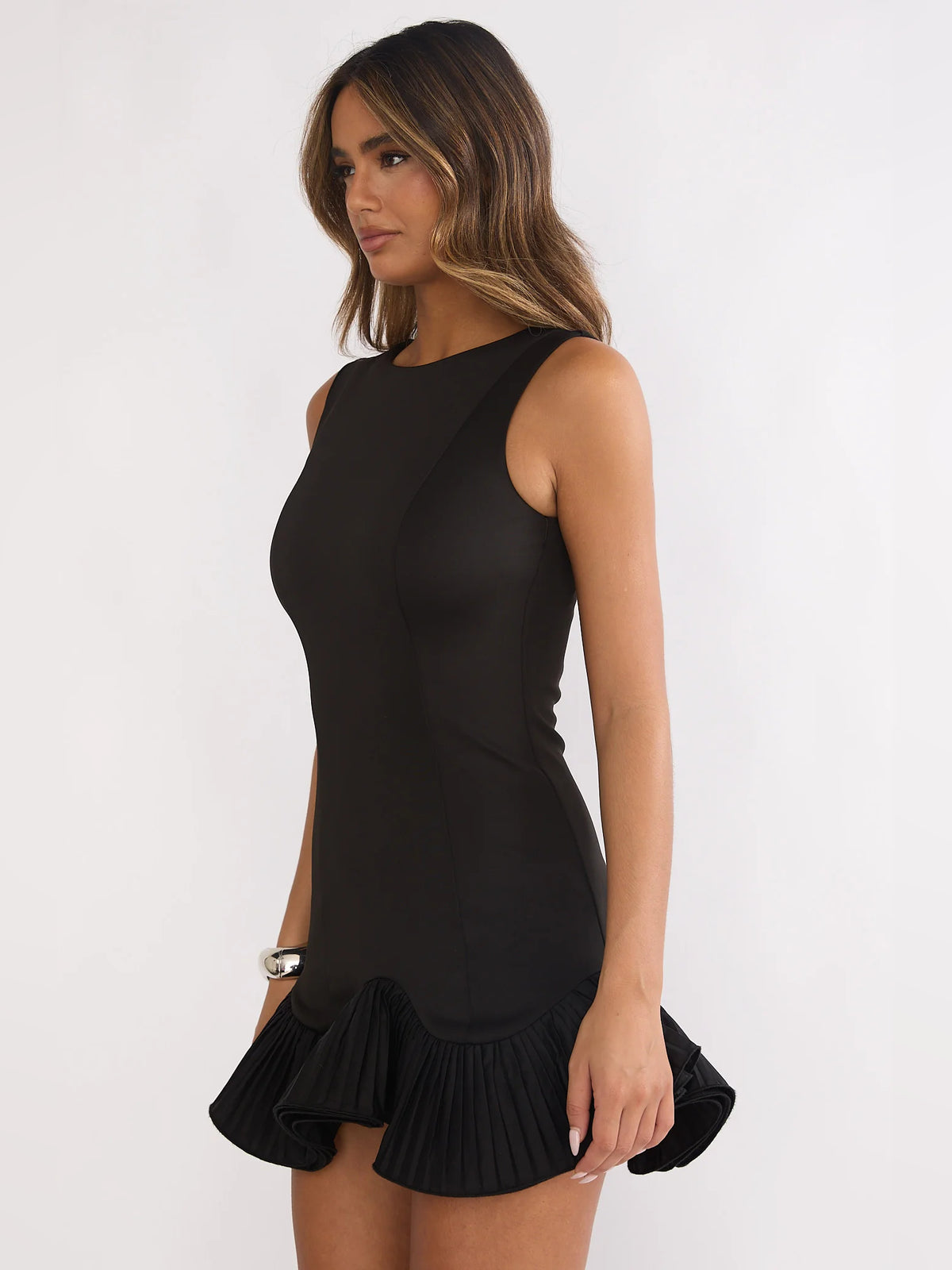 Black mini homecoming dress, alternate view showing the full-length profile