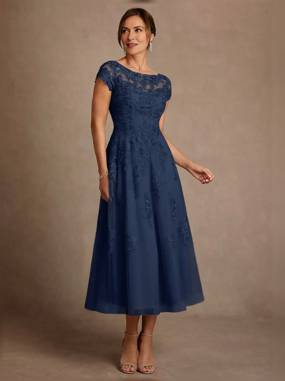 Dark Navy midi mother of the bride dress, alternate view showing the full-length profile