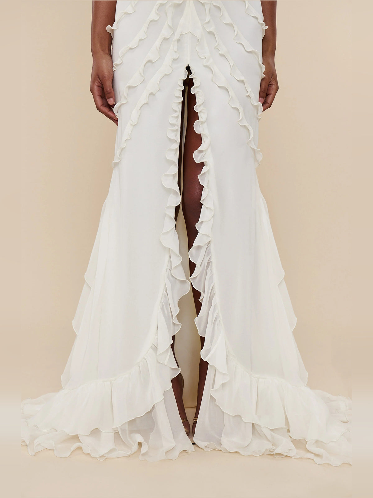 Ivory white floor-length prom dress, alternate view showing the full-length profile