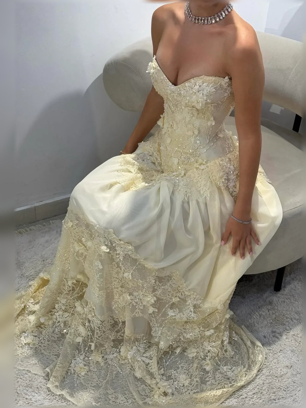 Pale Lemon a-line floor-length formal dress with corset-style bodice, alternate view showing the hem