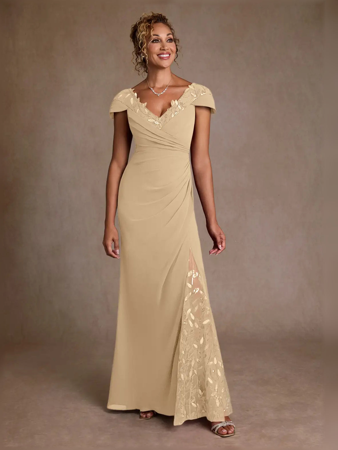 Champagne maxi mother of the bride dress, alternate view showing the full-length profile