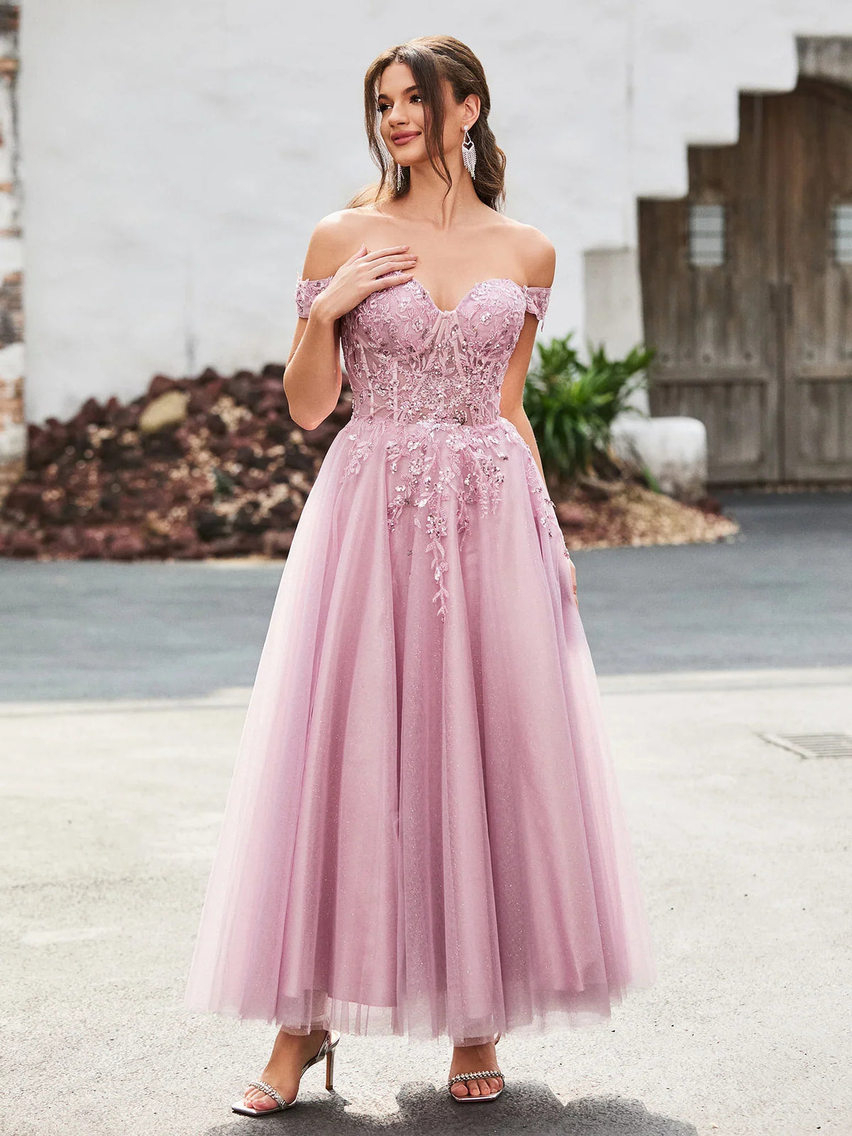 Blue tea-length prom dress, alternate view showing the full-length profile