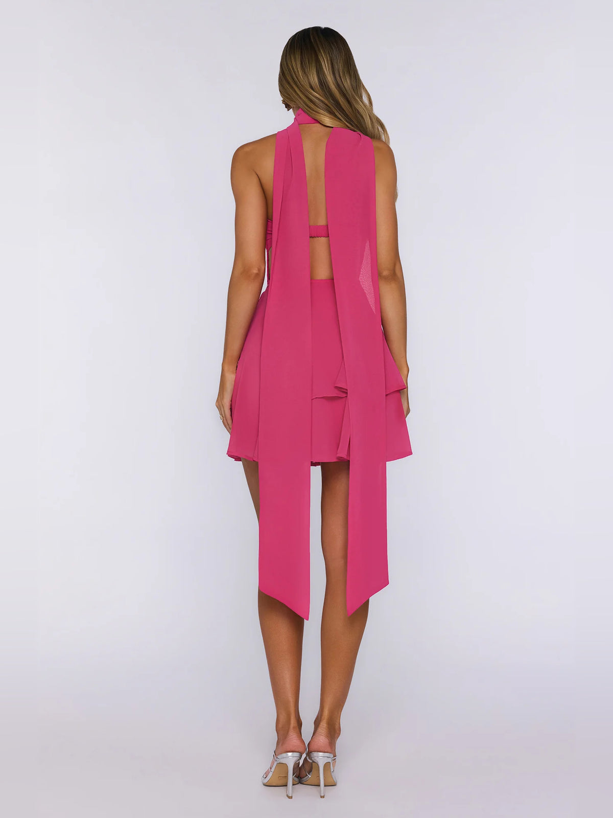Magenta mini homecoming dress, alternate view showing the full-length profile