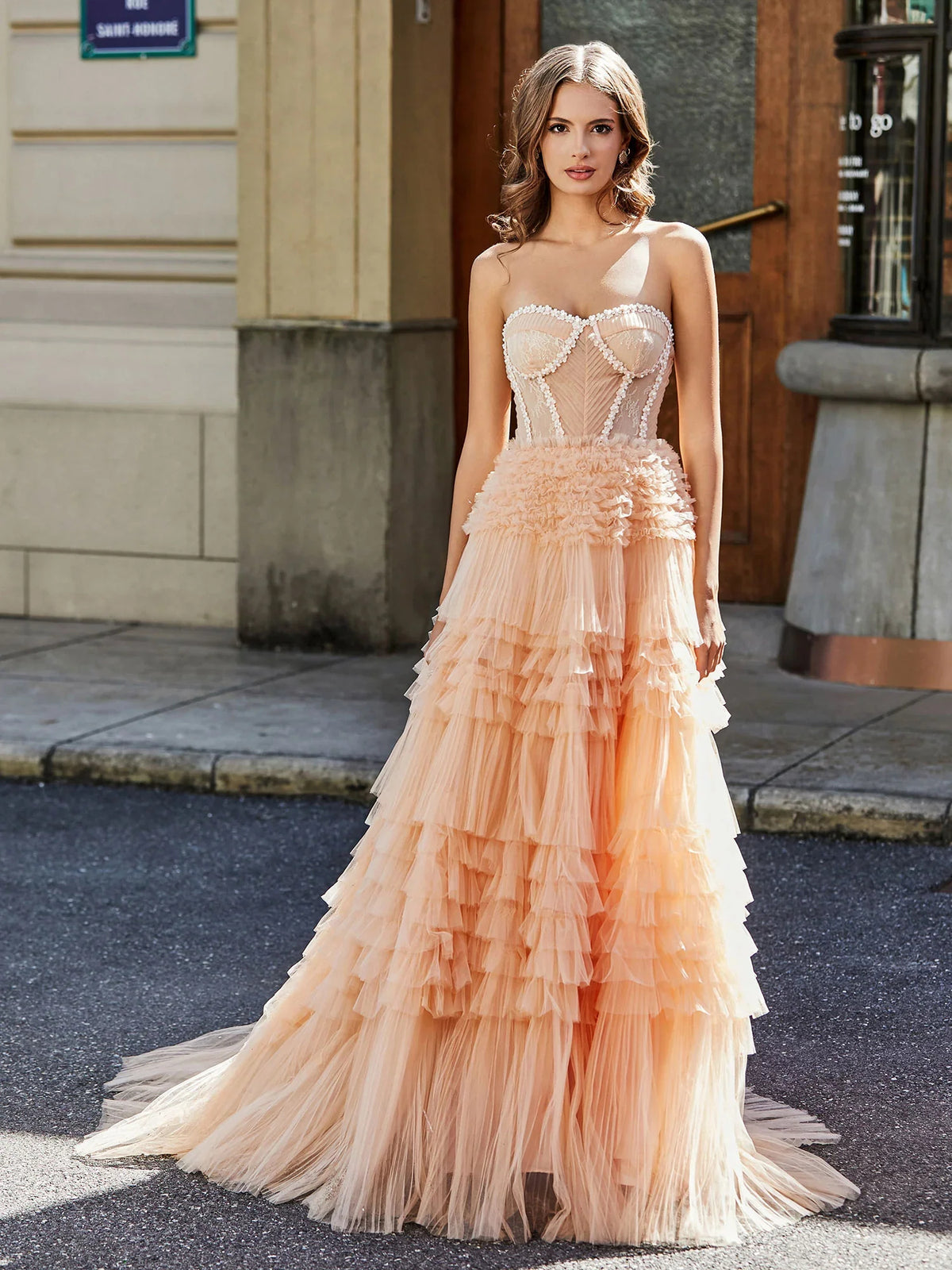 Blue floor-length prom dress, alternate view showing the full-length profile