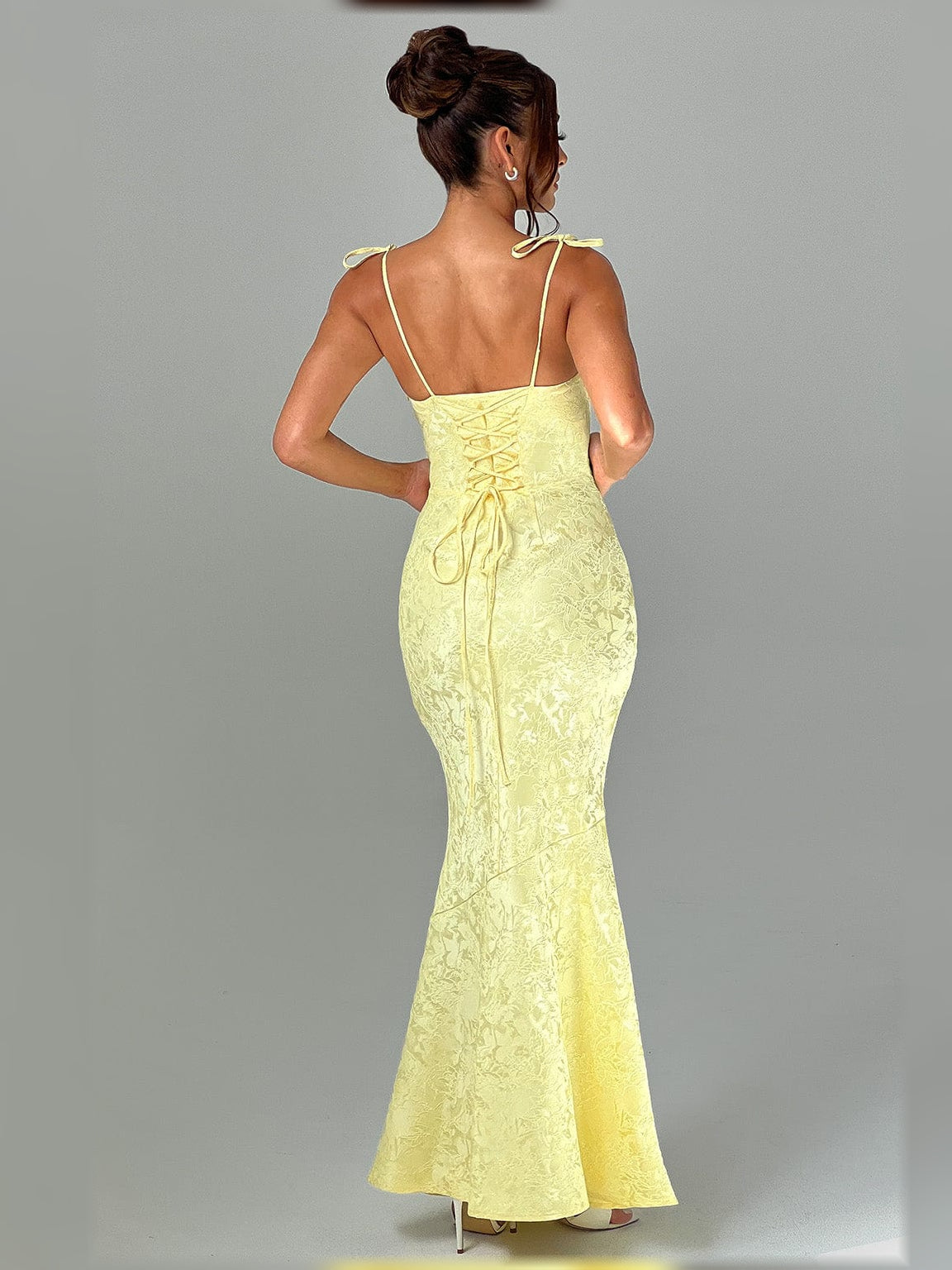 Blush Pink mermaid floor-length formal dress with floral print, alternate view showing the hem