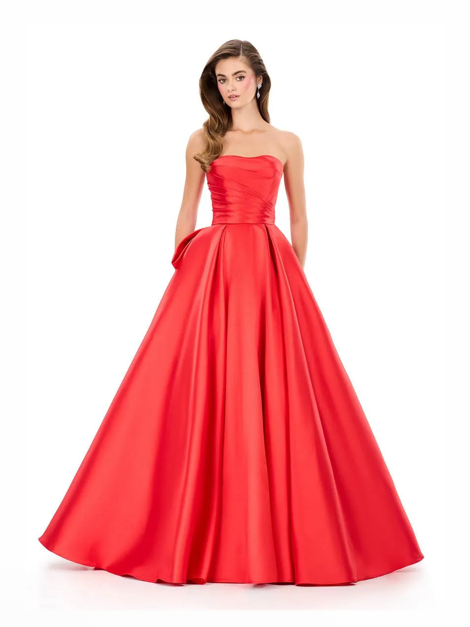 Red maxi prom dress, alternate view showing the full-length profile