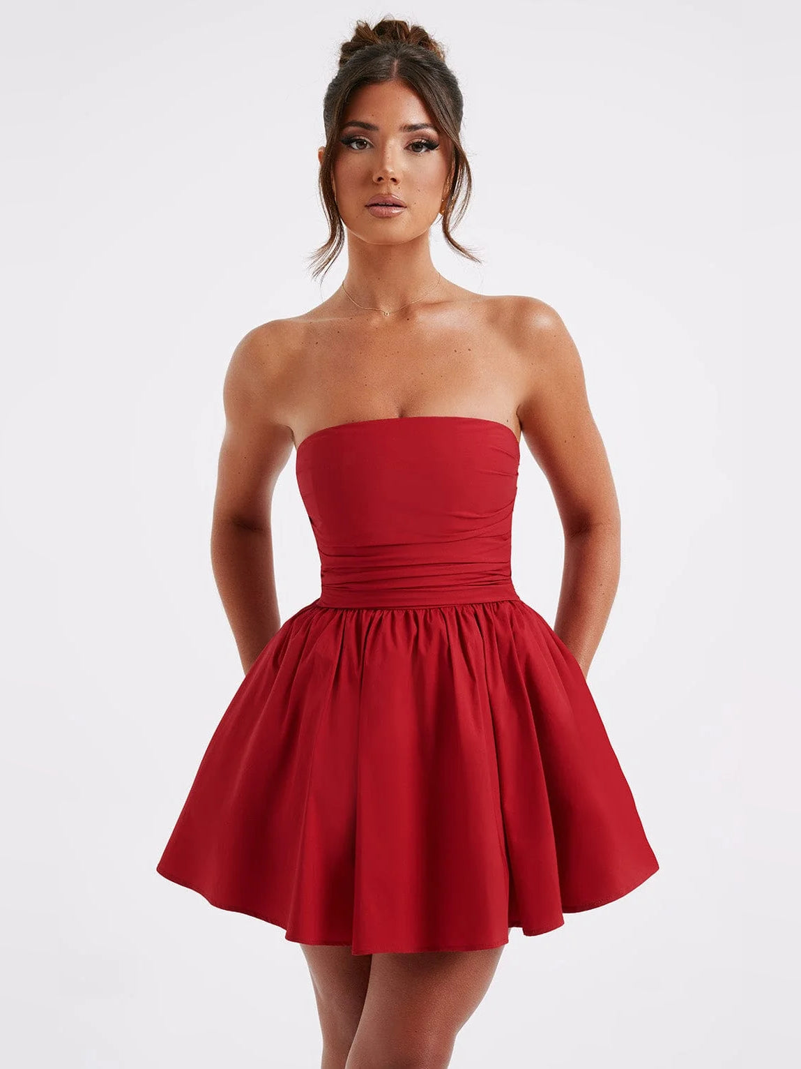 Red mini homecoming dress, alternate view showing the full-length profile