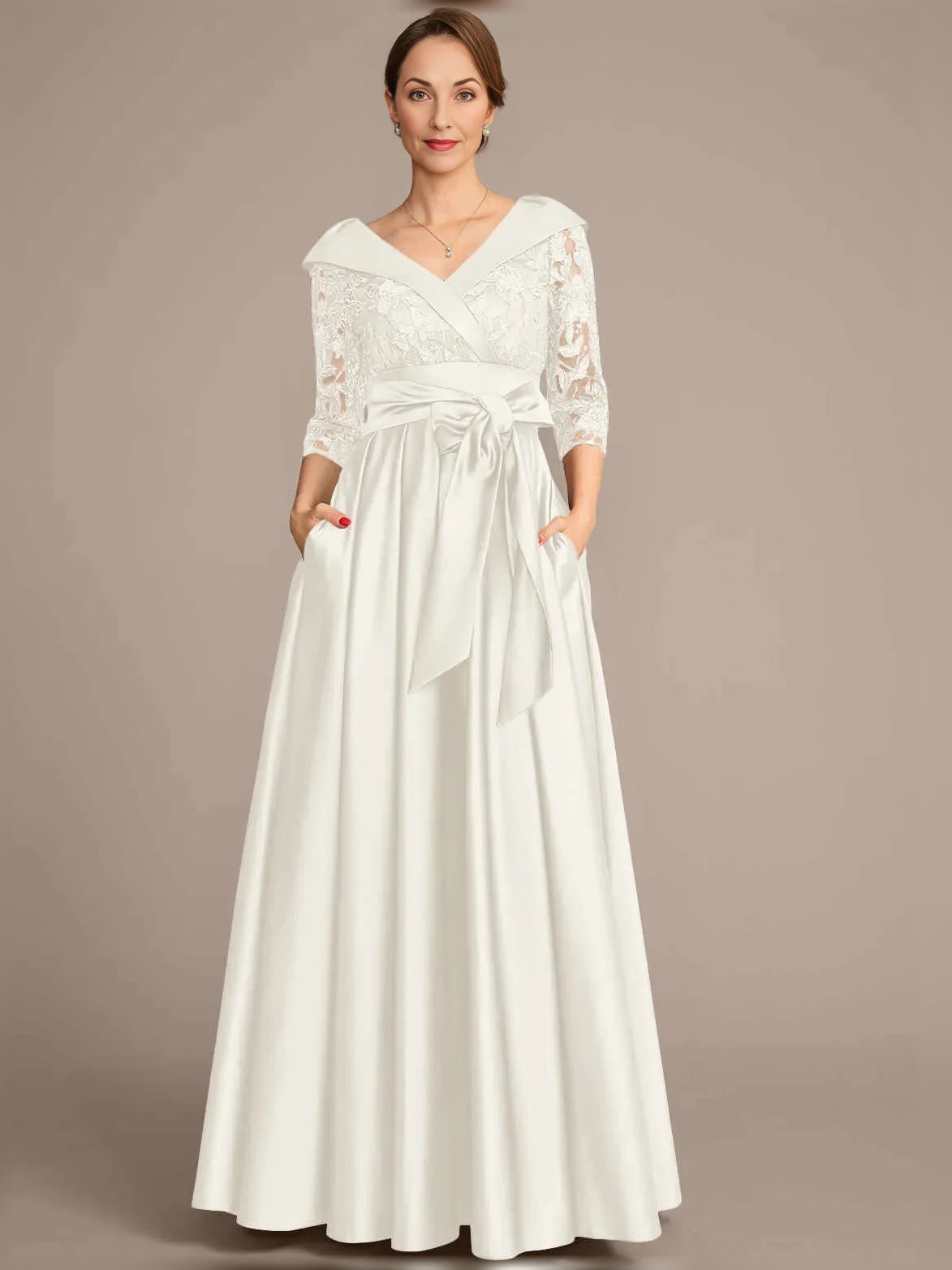 Ivory white floor-length mother of the bride dress, alternate view showing the full-length profile