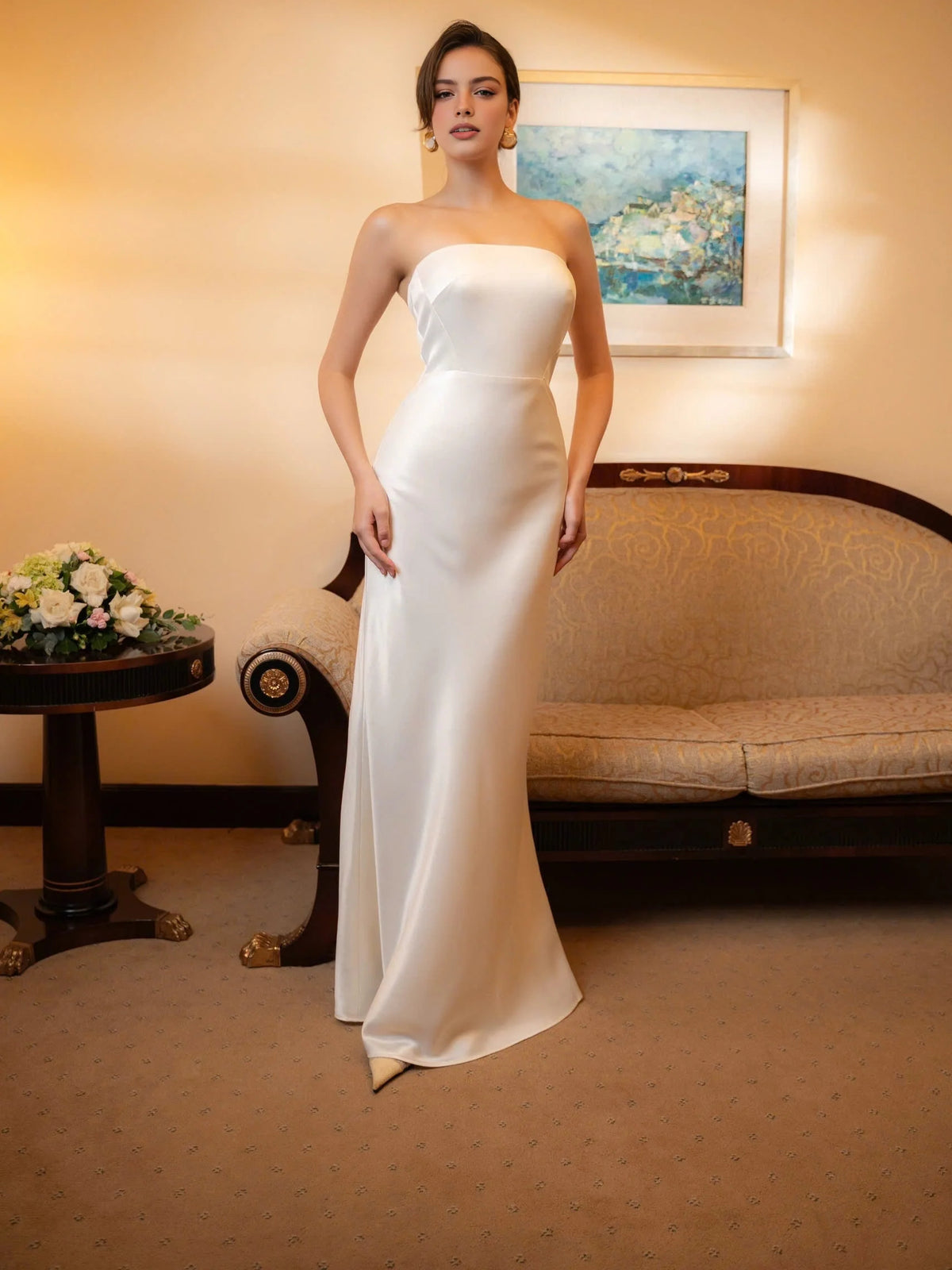 Ivory white maxi prom dress, alternate view showing the full-length profile