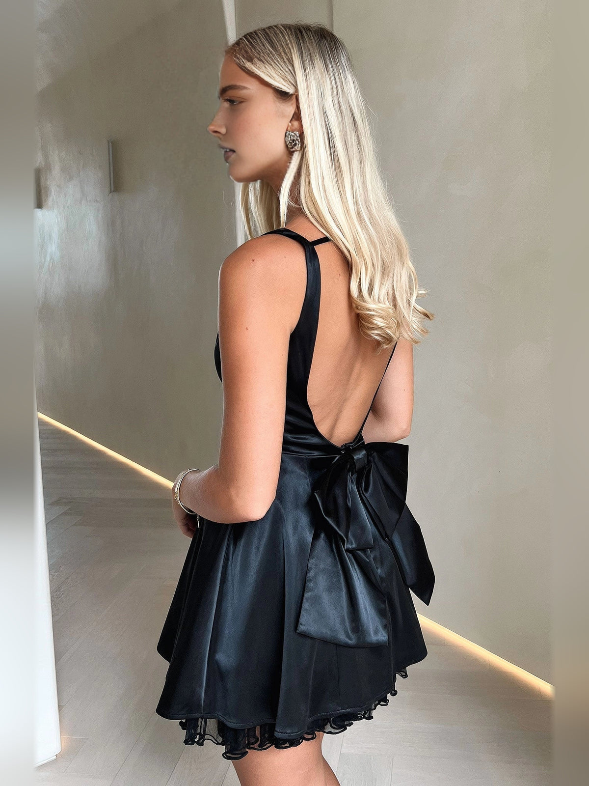Ivory white mini homecoming dress, alternate view showing the full-length profile
