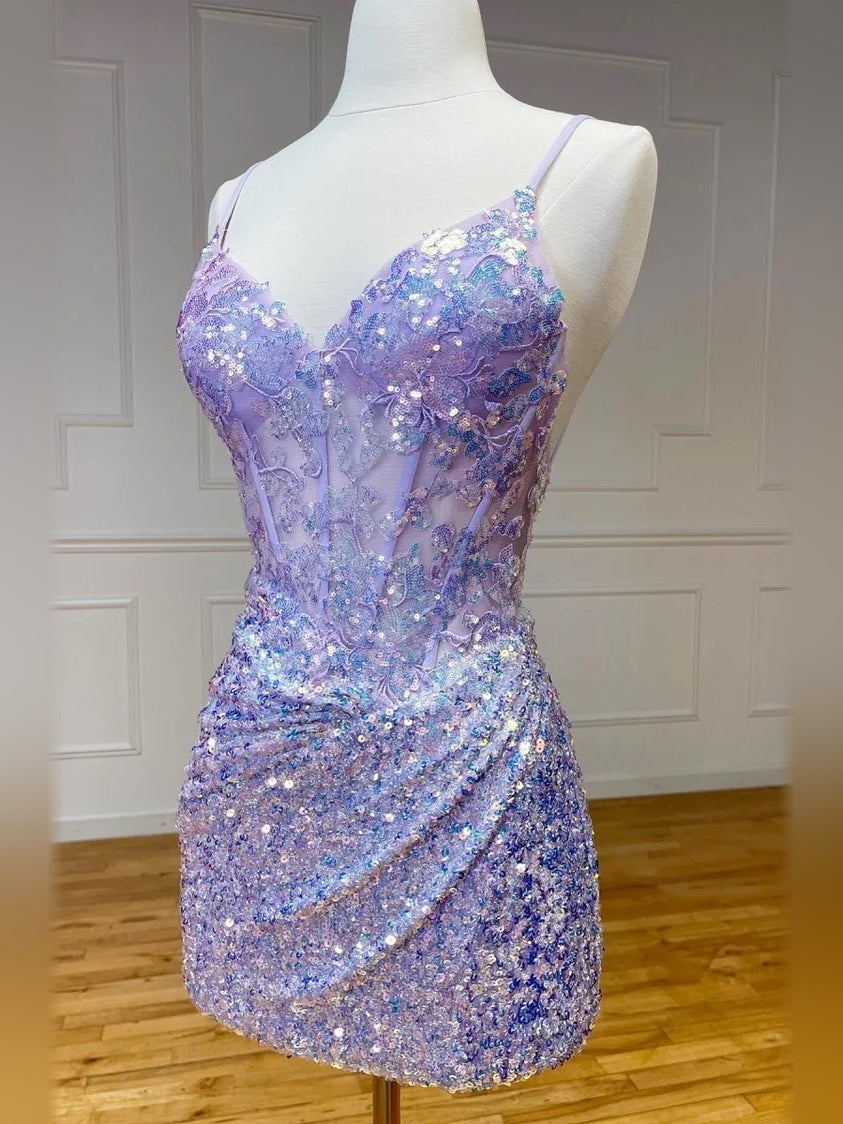 Lilac mini homecoming dress, alternate view showing the full-length profile