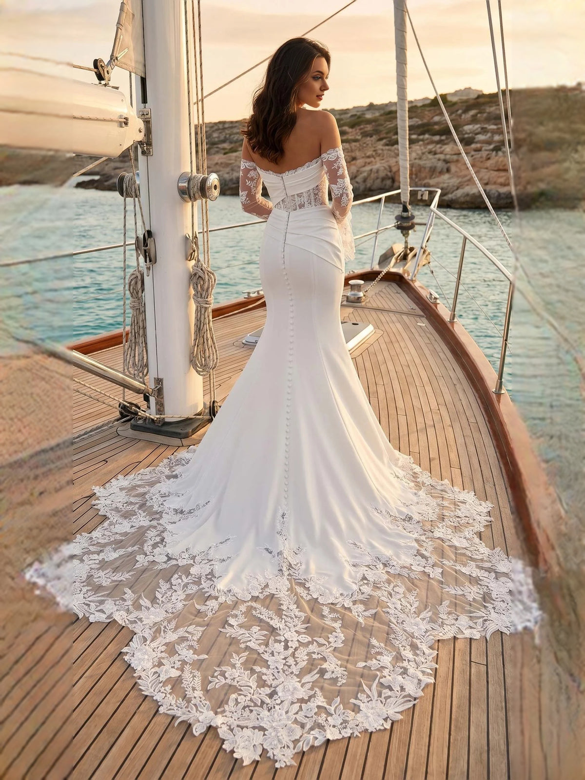 Ivory floor-length wedding dress, alternate view showing the full-length profile