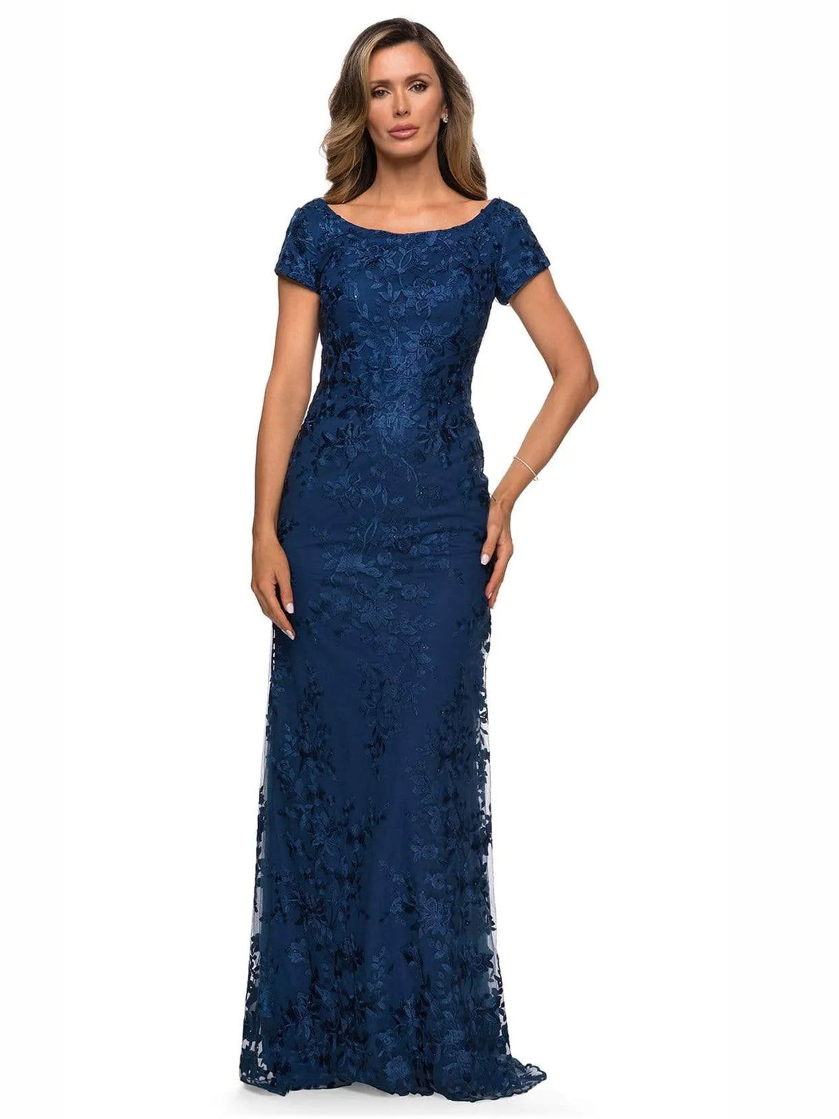 Navy Blue maxi mother of the bride dress, alternate view showing the full-length profile