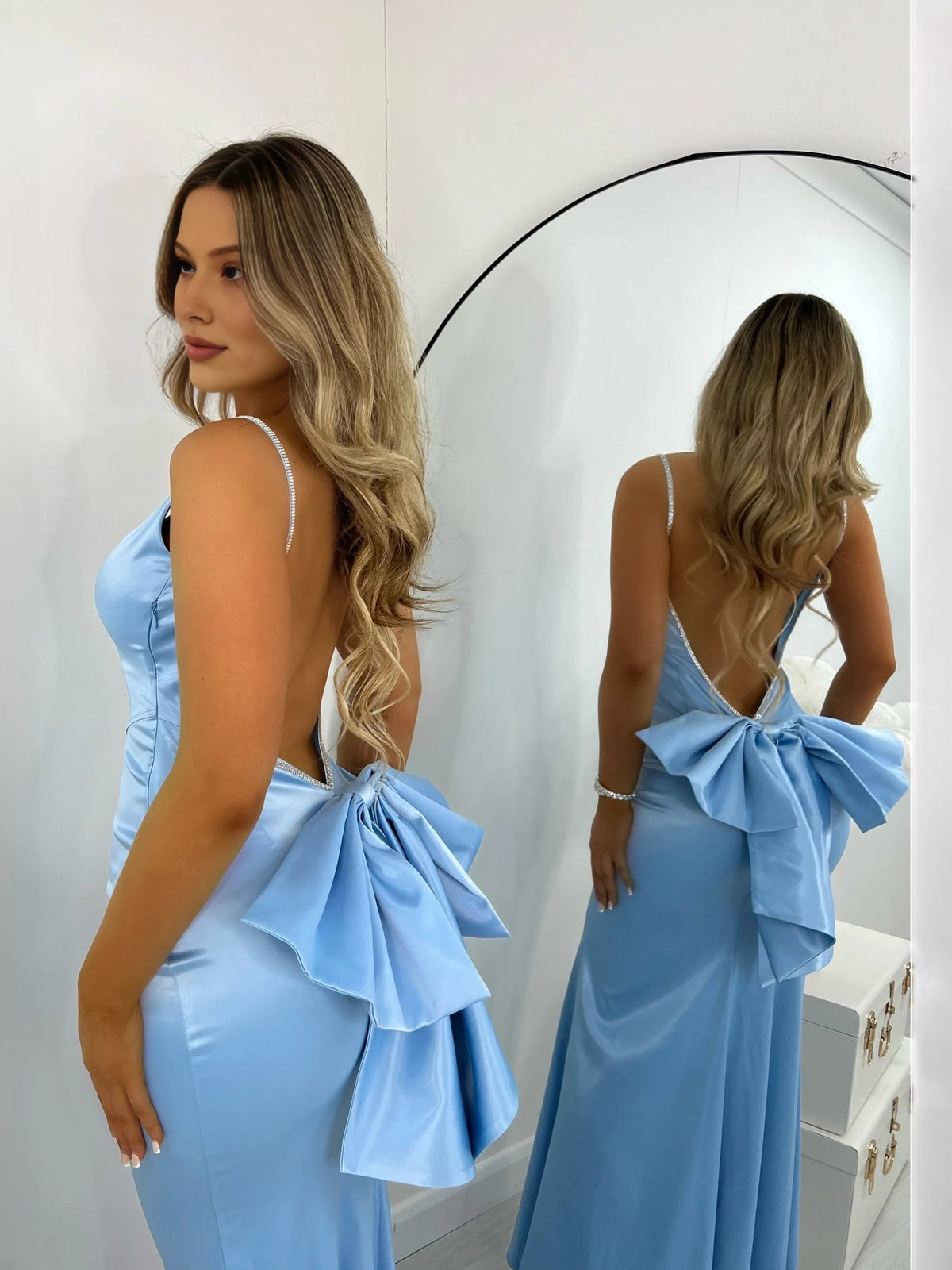 Pink maxi prom dress, alternate view showing the full-length profile