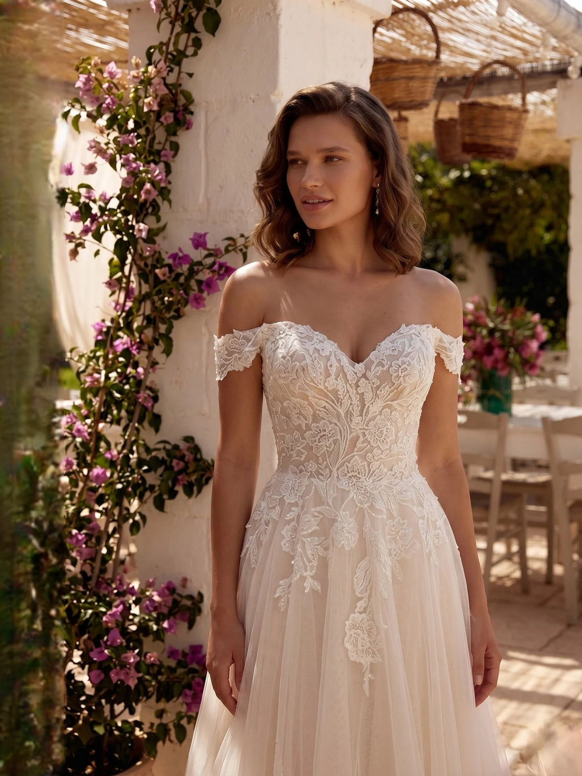 Ivory floor-length wedding dress, alternate view showing the full-length profile