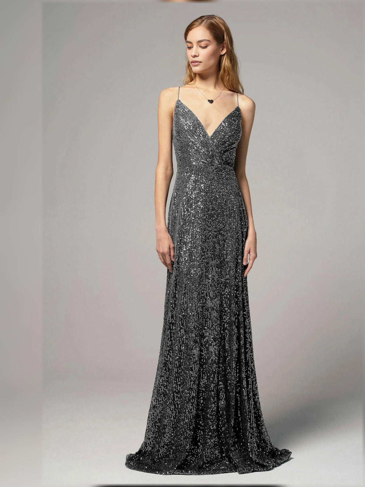 Steel Grey sheath floor-length formal dress with sequins, alternate view