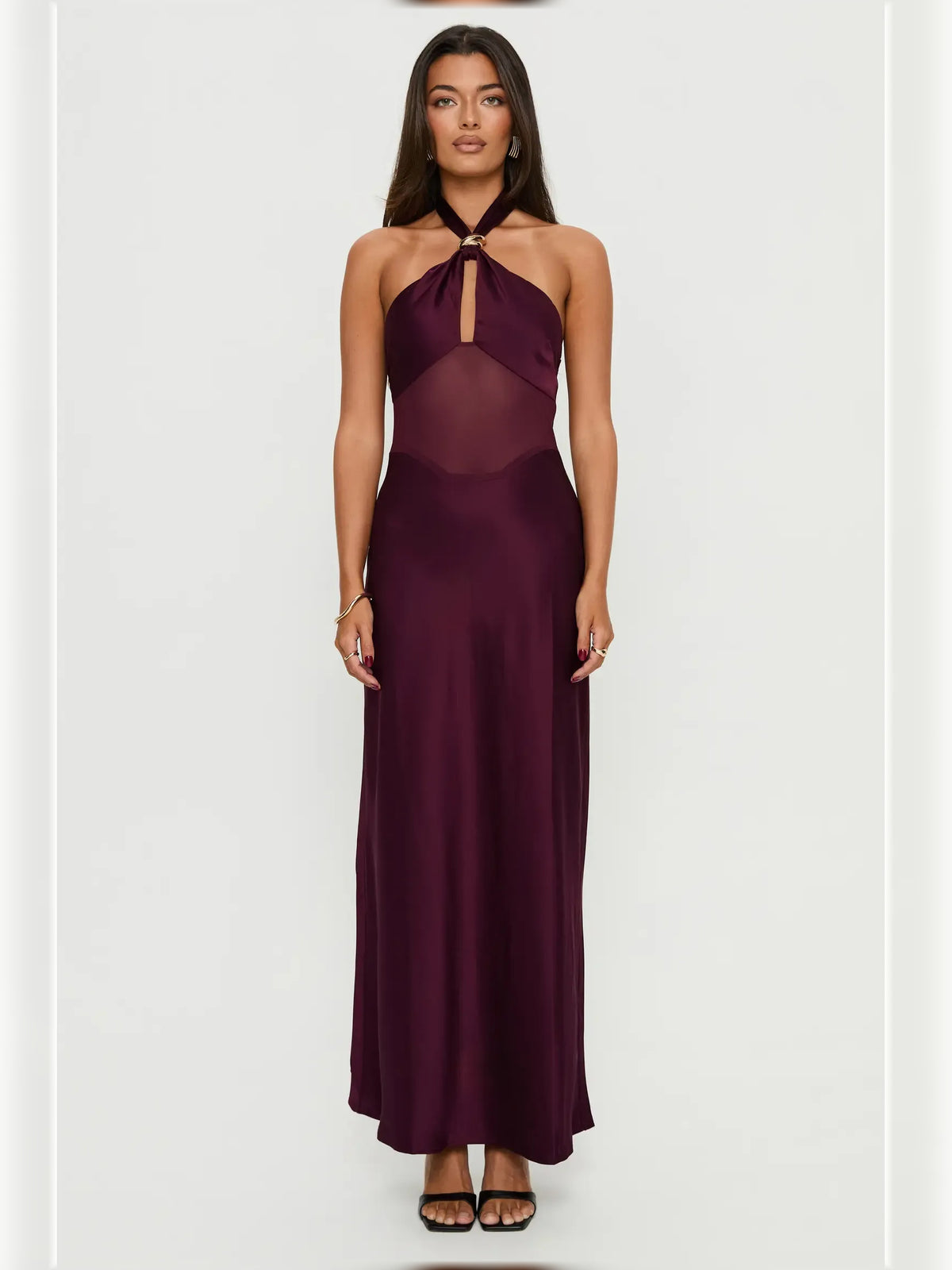 Plum bodycon floor-length formal dress with ruffle details, alternate view showing the hem