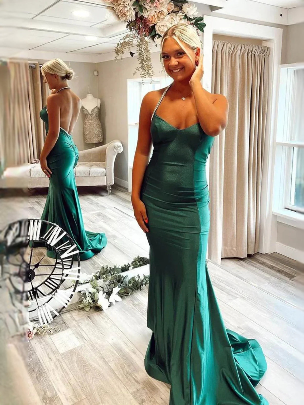 Dark Green floor-length prom dress, alternate view showing the full-length profile
