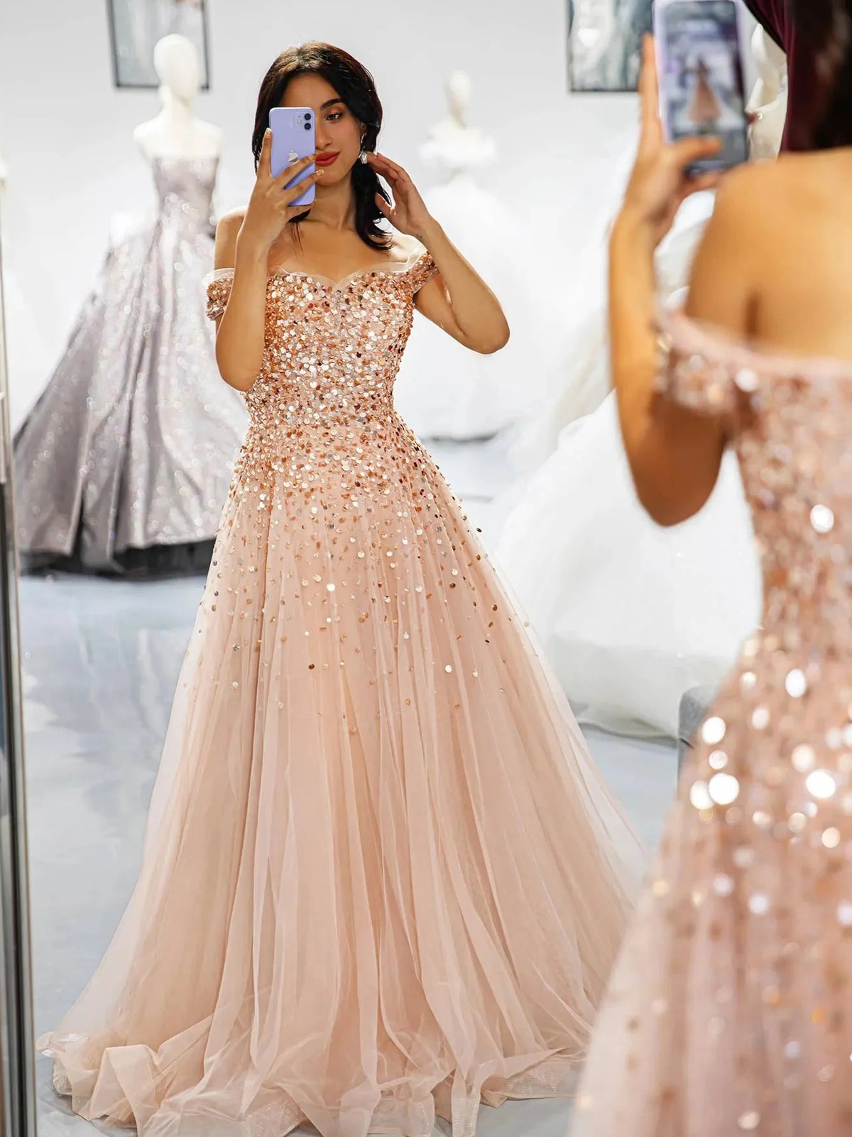 Champagne a-line floor-length formal dress with corset-style bodice, alternate view showing the hem